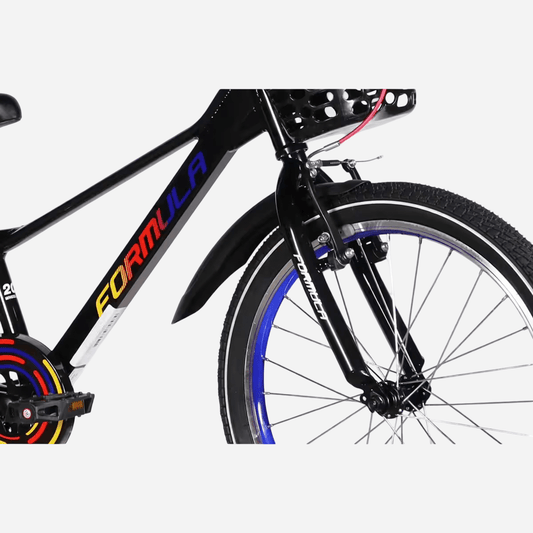 Дитячий велосипед Formula Kid STORMER 20" — крупний план передньої вилки з обідним гальмом та синім ободом