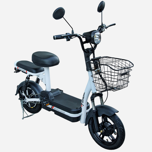 Електровелосипед SPARK COMPACT 14" 400 Вт чорний — вид збоку з LED-фарою та кошиком