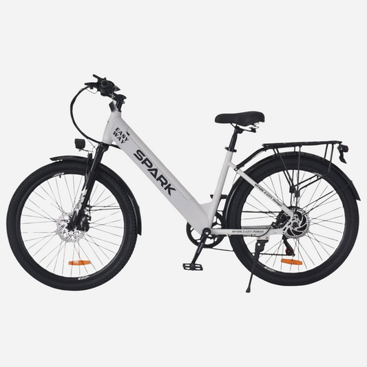 Електровелосипед Spark E-CITY EASY WAY 26" — вигляд збоку зліва, низька рама step-through, дискові гальма, підніжка