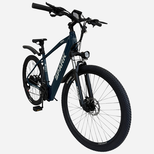 Гірський електровелосипед Spark E-MTB GHOST 27.5" — вид спереду, LED-фара, амортизаційна вилка, дискове гальмо