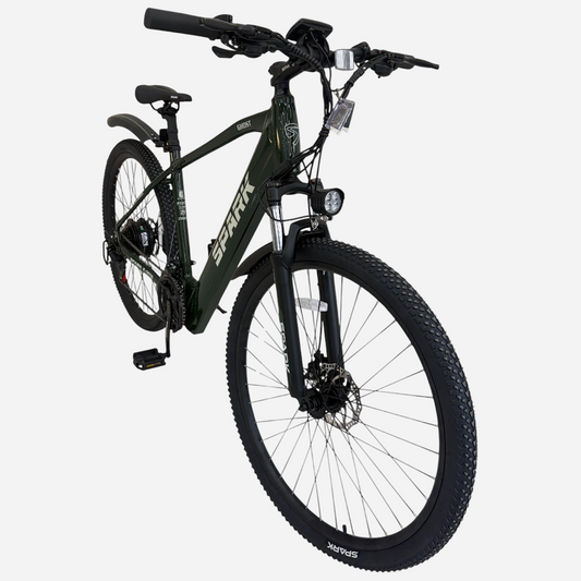 Гірський електровелосипед Spark E-MTB GHOST 29" — вид спереду, LED-фара, амортизаційна вилка Spark, дискове гальмо