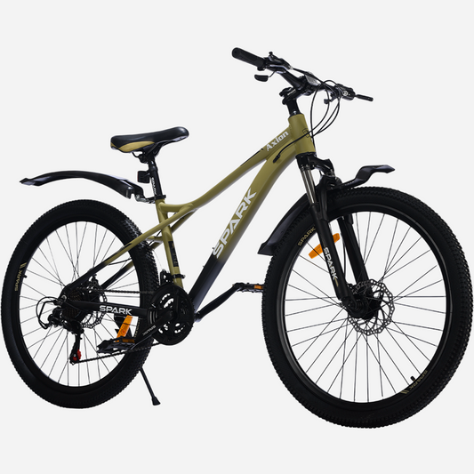 Гірський велосипед Spark AXION 26" алюмінієва рама 15" — вид спереду справа, напис AXION на рамі та дискові гальма 160 мм