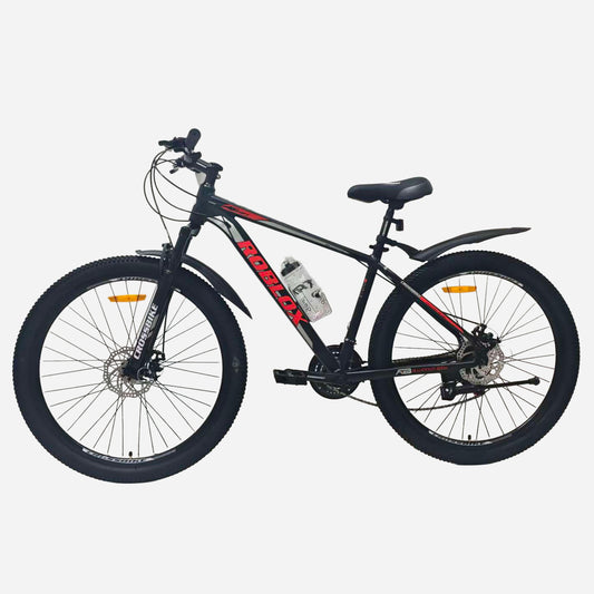 Гірський велосипед CrossBike Roblox 27.5" чорний з червоним, вид зліва, амортизаційна вилка, дискові гальма