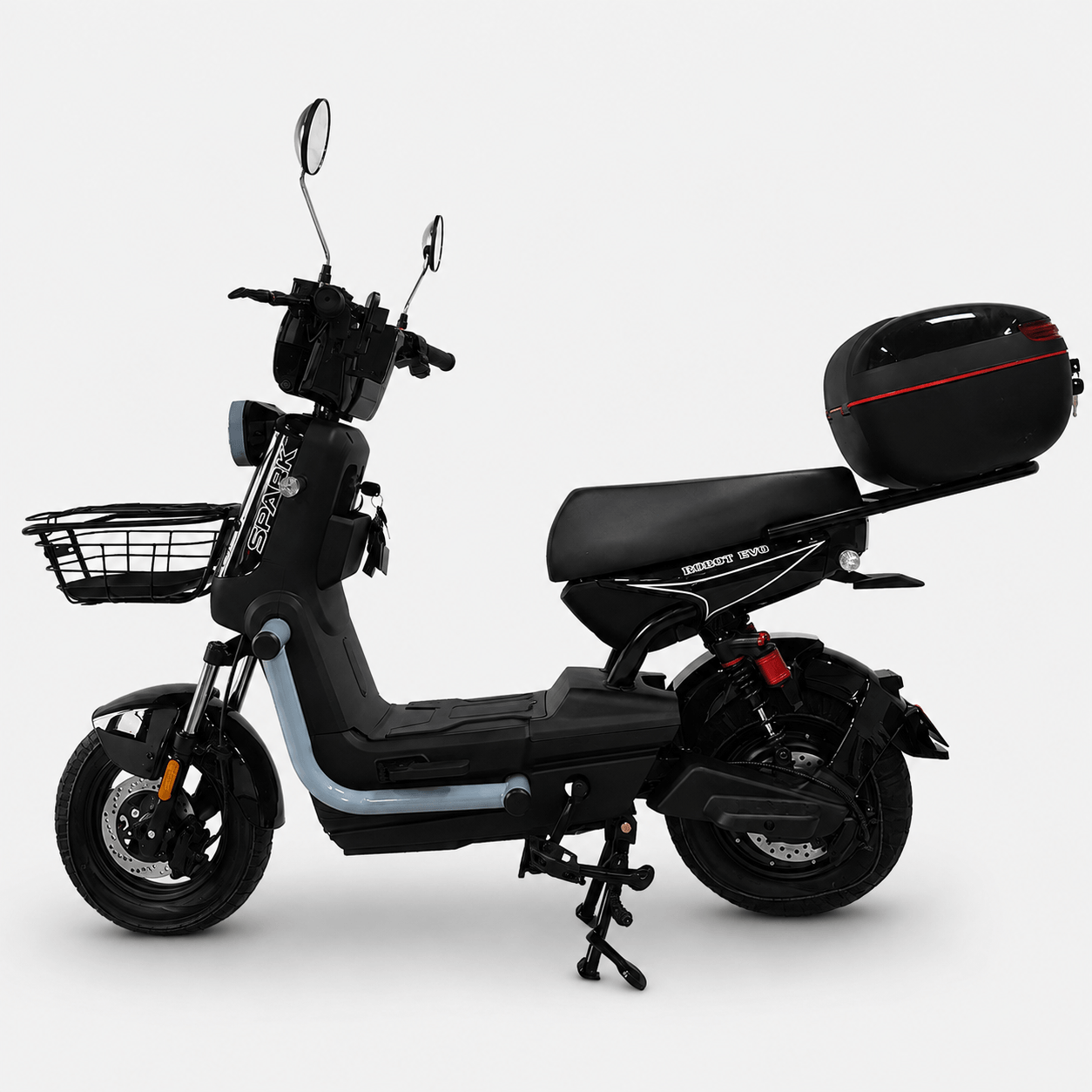 Електровелосипед SPARK BOOST EVO 14" — вид збоку, чорний, з переднім кошиком та заднім кофром