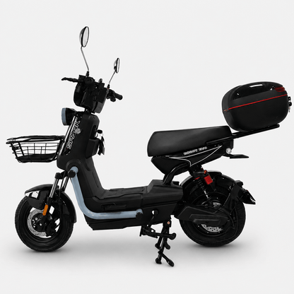 Електровелосипед SPARK BOOST EVO 14" — вид збоку, чорний, з переднім кошиком та заднім кофром