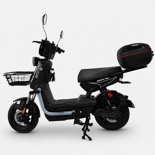 Електровелосипед SPARK BOOST EVO 14" — вид збоку, чорний, з переднім кошиком та заднім кофром