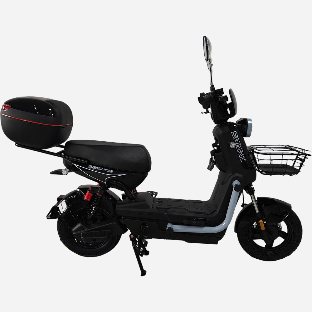 Електровелосипед SPARK BOOST EVO 14" — вид збоку, двомісне сидіння, задні амортизатори, кофр