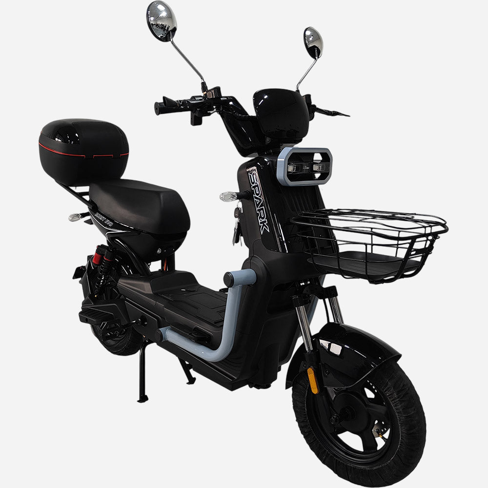 Електровелосипед SPARK BOOST EVO 14" — вид збоку справа, передній кошик, двомісне сидіння, кофр