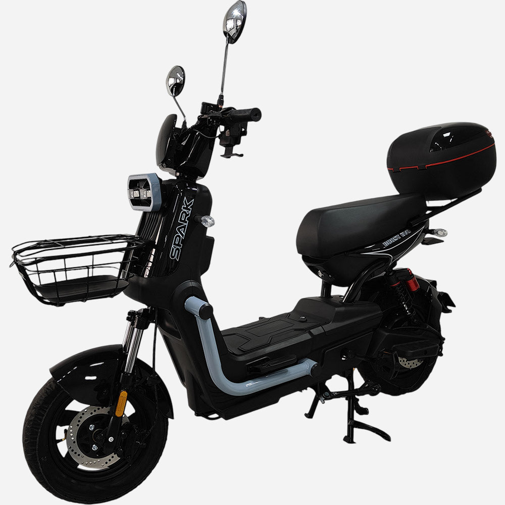 Електровелосипед SPARK BOOST EVO 14" — вид збоку зліва, дискове гальмо, Step-Through рама, кофр