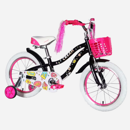 Дитячий велосипед Formula Kid CREAM 16" чорний з рожевим, вид збоку, з кошиком та додатковими колесами