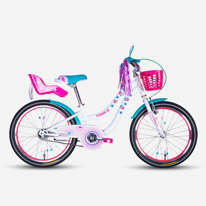 Дитячий велосипед Formula Kid FLOWER PREMIUM 20" білий — вид збоку зліва, рожевий кошик та сидіння для ляльки
