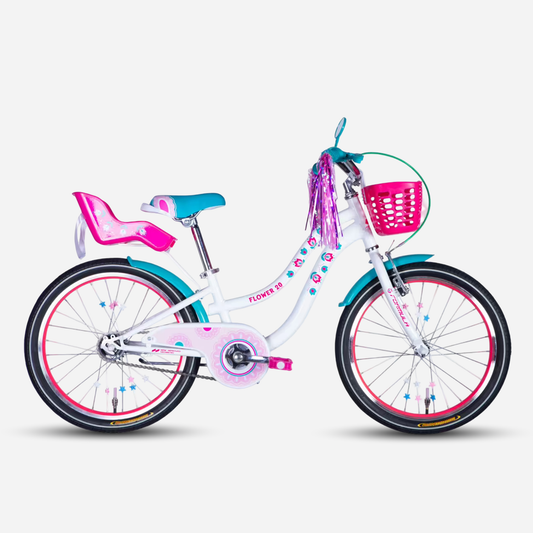 Дитячий велосипед Formula Kid FLOWER PREMIUM 20" білий — вид збоку зліва, рожевий кошик та сидіння для ляльки