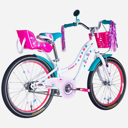 Дитячий велосипед Formula Kid FLOWER PREMIUM 20" білий — вид збоку справа, рожевий кошик та сидіння для ляльки