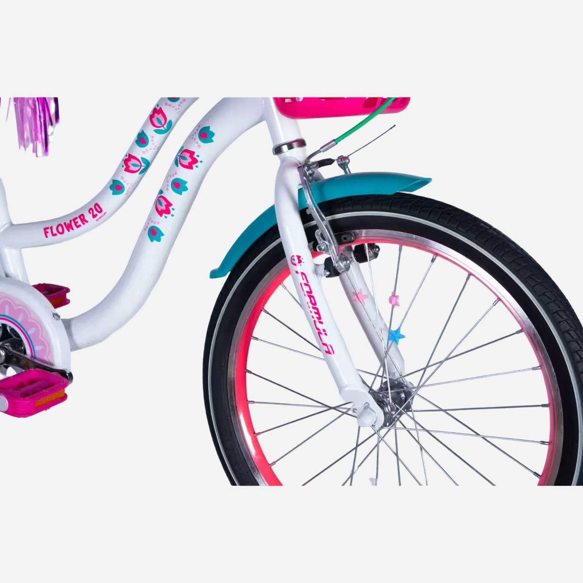 Дитячий велосипед Formula Kid FLOWER PREMIUM 20" — крупний план передньої вилки, обідне гальмо та рожевий обід