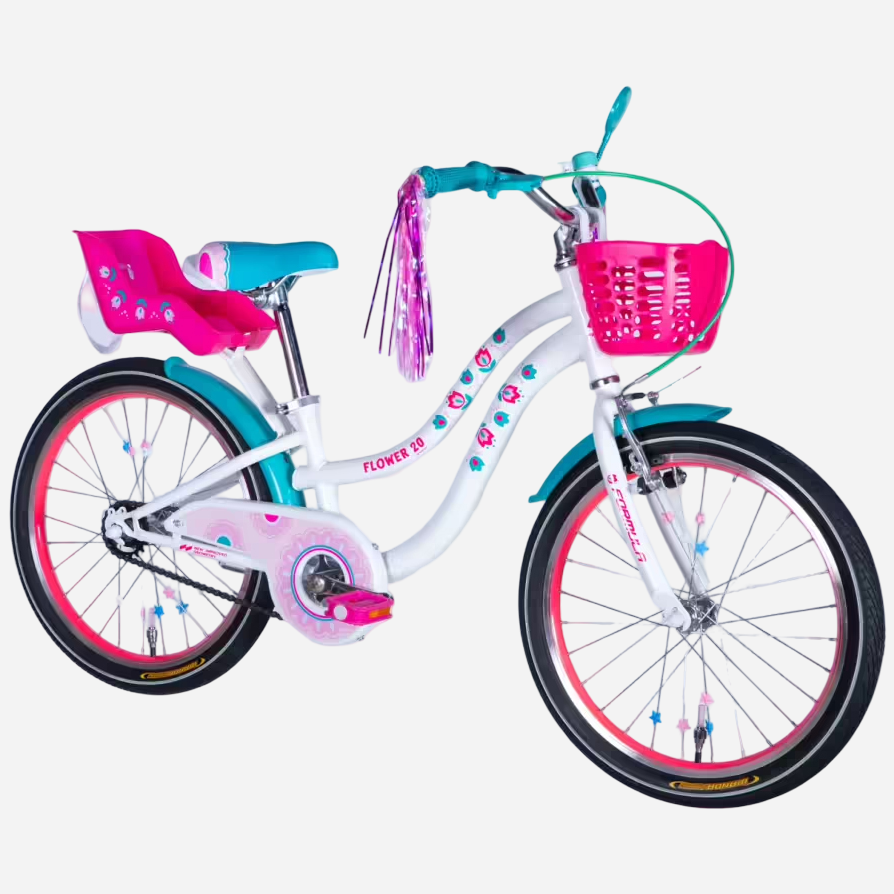 Дитячий велосипед Formula Kid FLOWER PREMIUM 20" білий — вид збоку справа, рожевий кошик та сидіння для ляльки