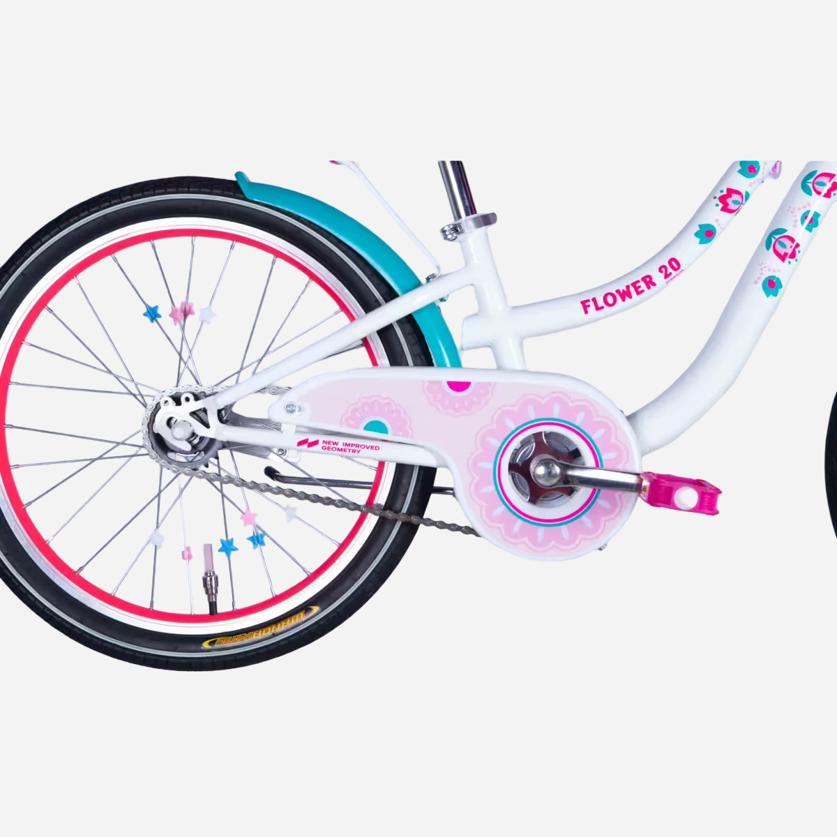 Дитячий велосипед Formula Kid FLOWER PREMIUM 20" — крупний план заднього колеса, ланцюга та захисту каретки з квітковим декором
