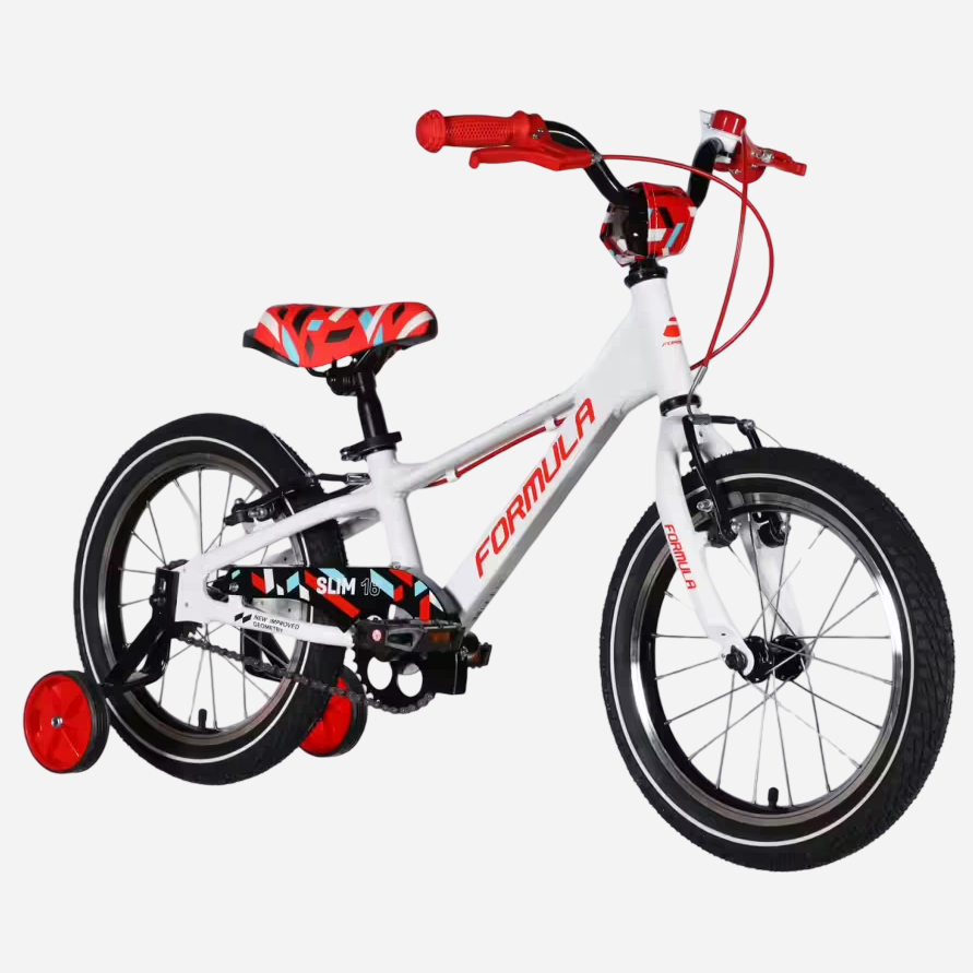 Дитячий велосипед Formula Kid SLIM 16" білий з червоним, вид з іншого боку, з червоними бічними колесами