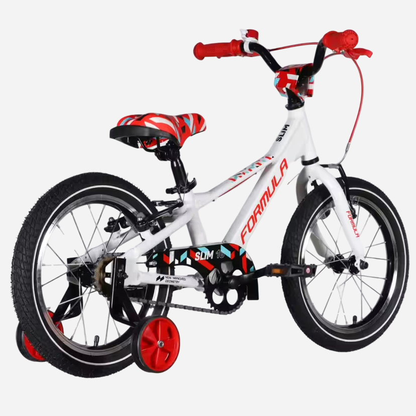 Дитячий велосипед Formula Kid SLIM 16" білий з червоним, вид збоку, з бічними навчальними колесами