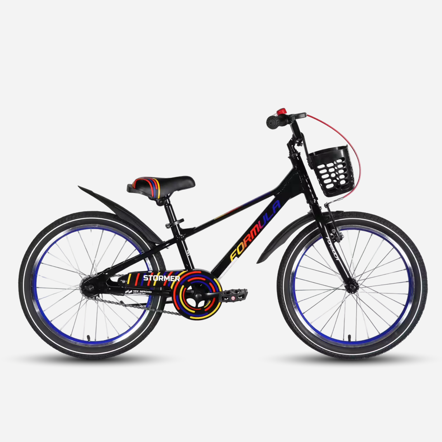 Дитячий велосипед Formula Kid STORMER 20" чорний — вид збоку справа, синій обід, кошик та крила