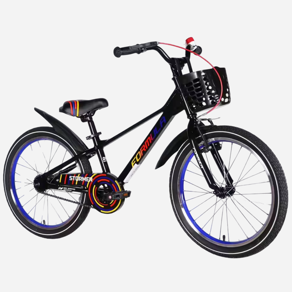 Дитячий велосипед Formula Kid STORMER 20" чорний — вид спереду під кутом, кошик та синій обід переднього колеса
