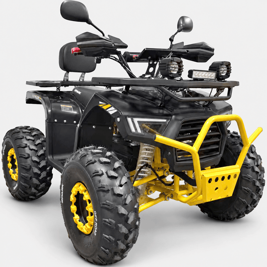 Електроквадроцикл SPARK STORM спереду під кутом, чорний корпус і жовтий бампер