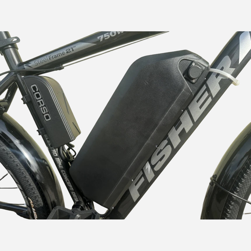 Corso FISHER 29" — акумулятор 48V 20Ah на рамі, напис Steel Frame 21" та 750W