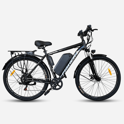 Електровелосипед Corso FISHER 29" 750W чорний, вид збоку — акумулятор на рамі, багажник, амортизаційна вилка