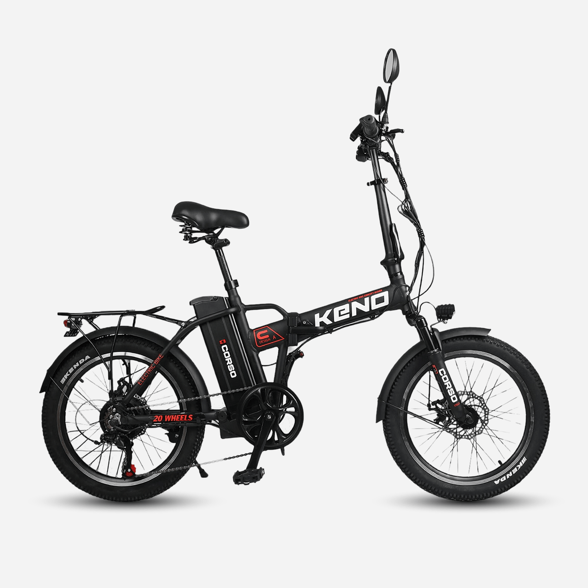 Електровелосипед Corso KENO 20" 350W чорний складаний, вид збоку — акумулятор на рамі, широкі шини KENDA, багажник