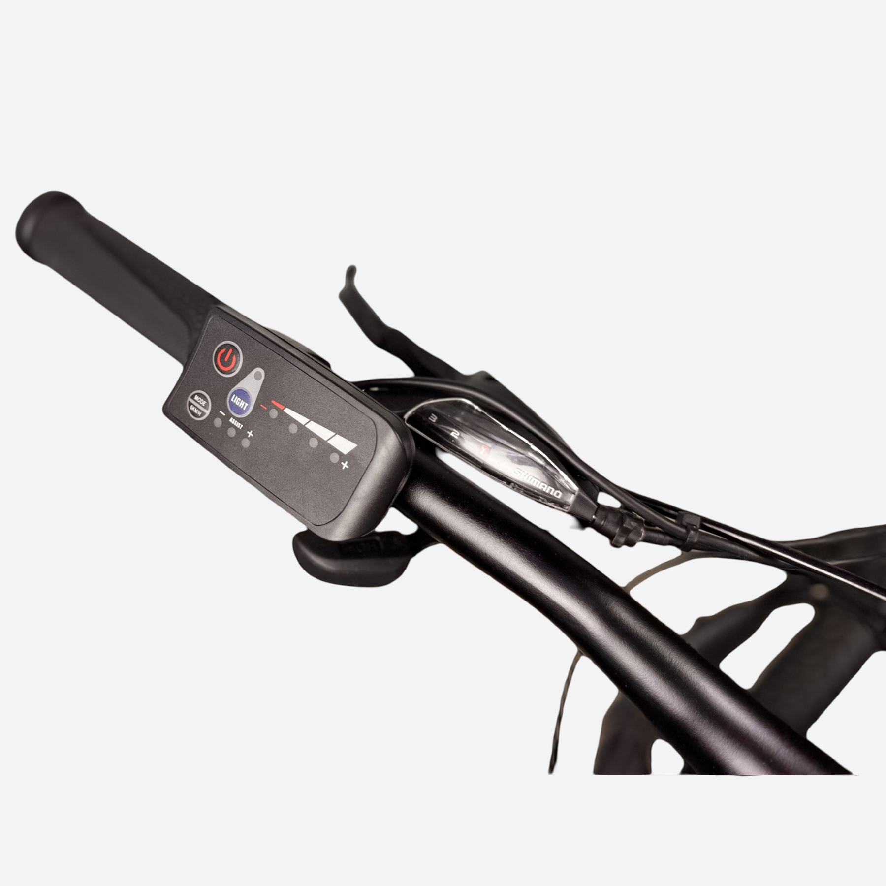 CrossBike Ultra 29" — дисплей з індикатором заряду, ручка газу та манетки Shimano ST-EF500