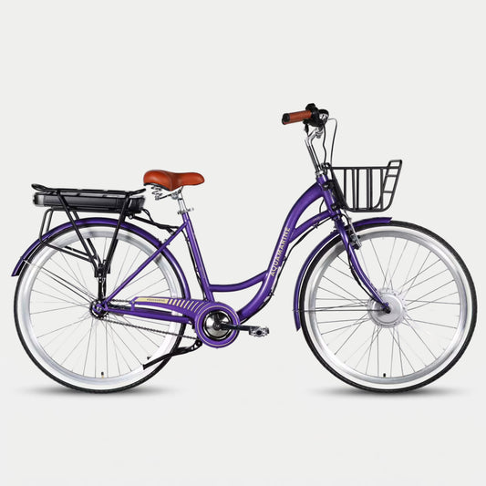 Електровелосипед Dorozhnik eAQUAMARINE BH 28" — вигляд збоку, фіолетовий, з кошиком та багажником