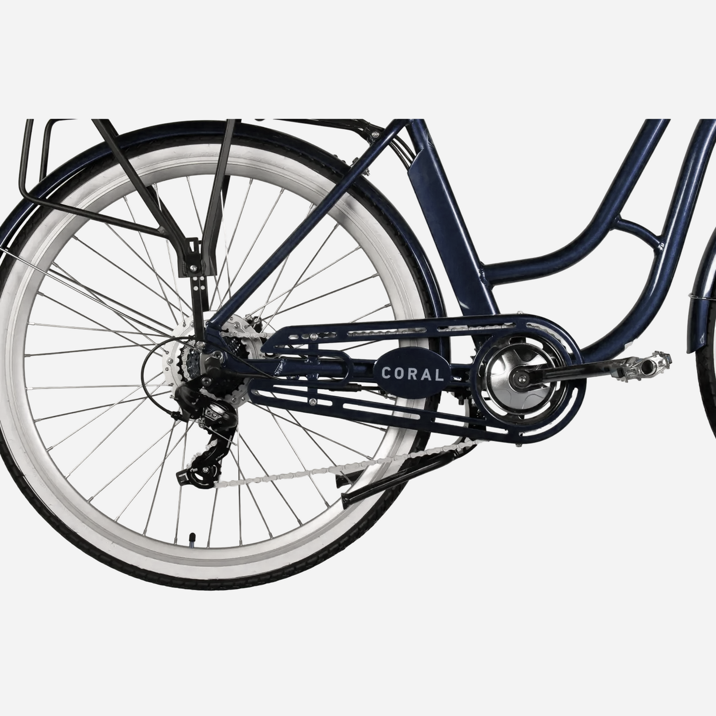 Dorozhnik eCORAL DD FR — задня трансмісія: касета Shimano TZ-500, перемикач TY-300, захист ланцюга CORAL, крупний план