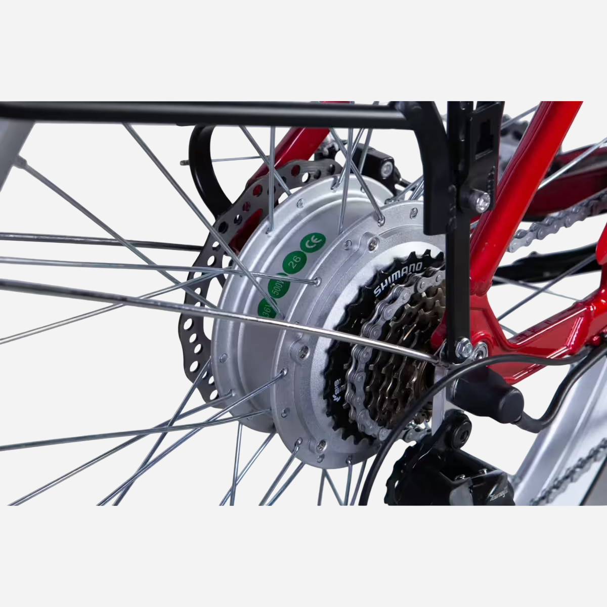 Задня втулка-мотор 500 Вт та касета SHIMANO електровелосипеда Dorozhnik eRUBY DD FR — крупний план