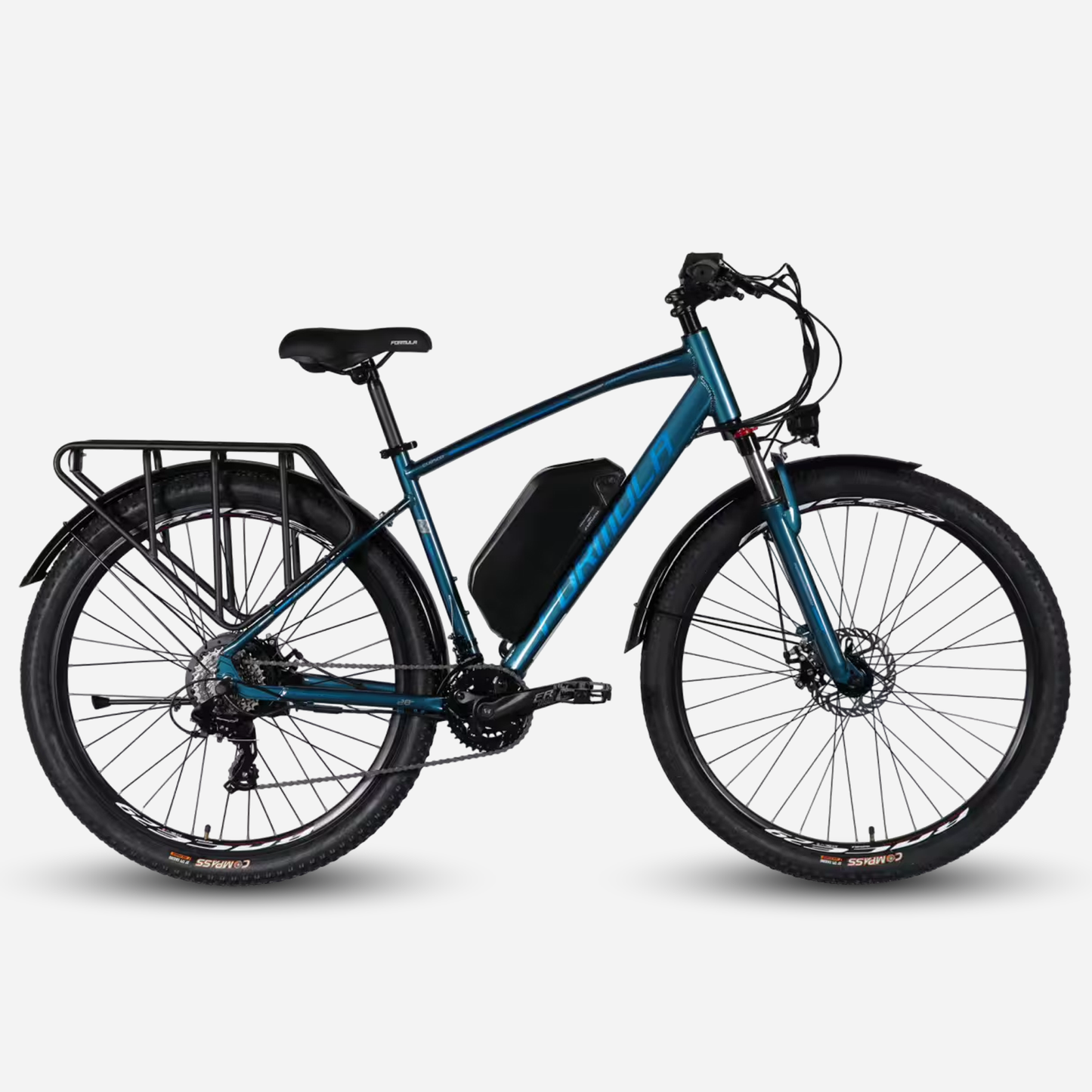 Formula eCURSOR MAN 29" темно-синій 2026 — вигляд збоку, акумулятор 48В на рамі та задній багажник