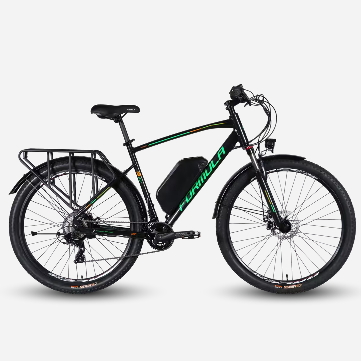 Formula eCURSOR MAN 29" чорно-зелений 2026 — вигляд збоку, акумулятор 48В 17.5Ah на рамі та задній багажник