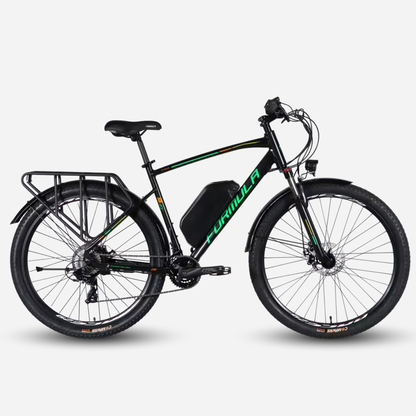 Formula eCURSOR MAN 29" чорно-зелений 2026 — вигляд збоку, акумулятор 48В 17.5Ah на рамі та задній багажник