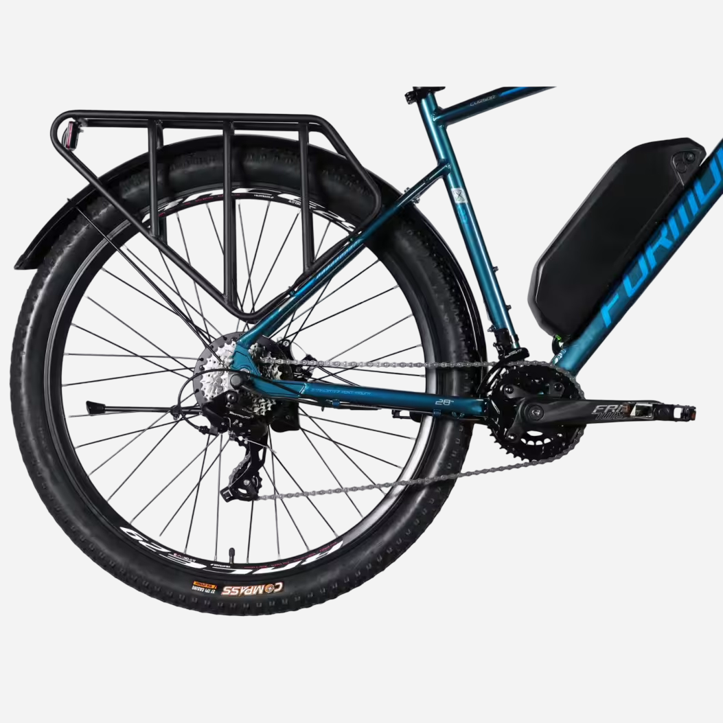 Formula eCURSOR MAN DD CS — задня трансмісія: касета 8 швидкостей, перемикач Shimano RD-TX800, покришка Compass 29"x2.4, сталевий багажник