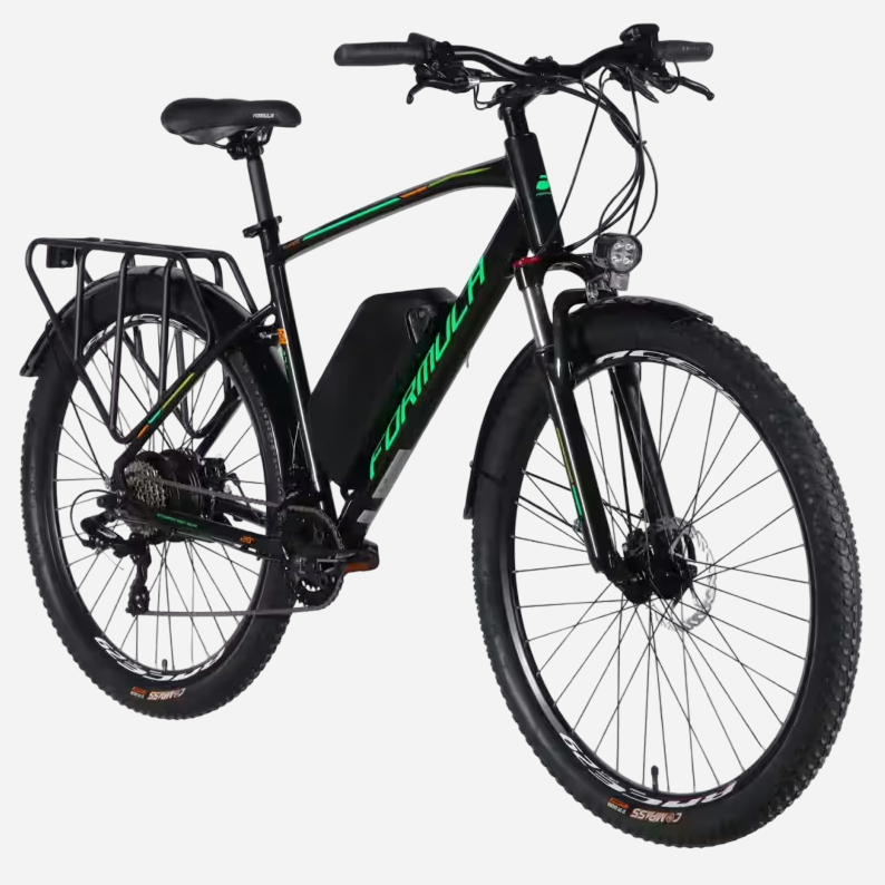 Formula eCURSOR MAN 29" чорно-зелений 2026 — вигляд спереду-збоку, алюмінієва рама 21", акумулятор 48В та LED-фара
