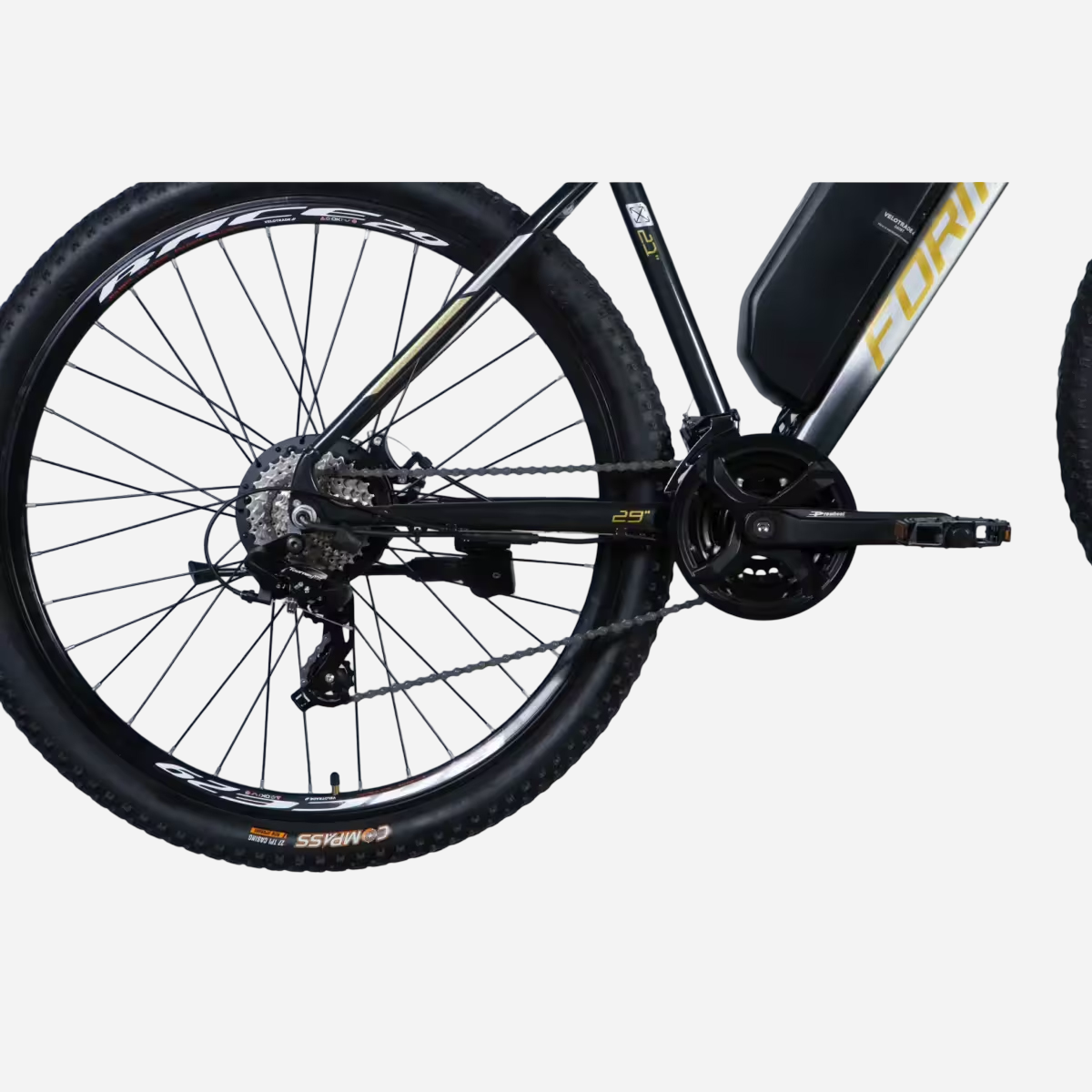 Задня трансмісія електровелосипеда Formula eF-1 DD CS 29" — перемикач SHIMANO RD-TX800, касета 11-32T, шатуни PROWHEEL 24-34-42T, покришка COMPASS, акумулятор на рамі
