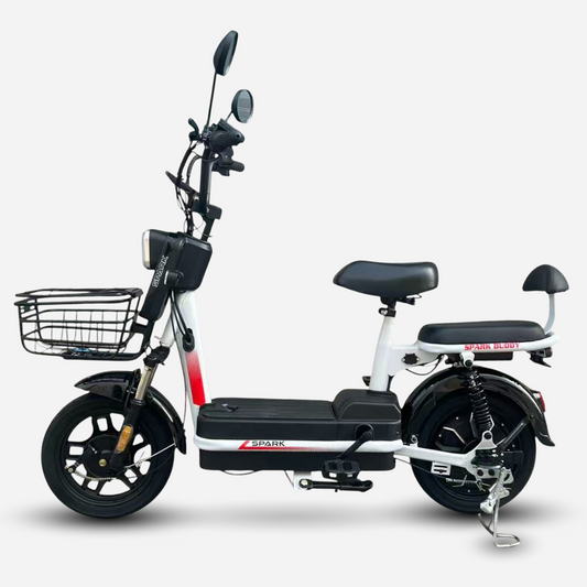 Електровелосипед Spark BUDDY 14" білий, вид збоку зліва, передній кошик та заднє сидіння
