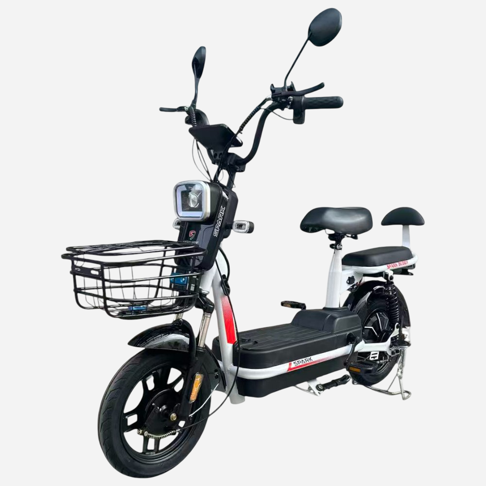 Електровелосипед Spark BUDDY 14" білий, вид збоку зліва, передній кошик, два сидіння та акумулятор