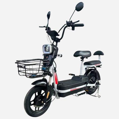 Електровелосипед Spark BUDDY 14" білий, вид збоку зліва, передній кошик, два сидіння та акумулятор