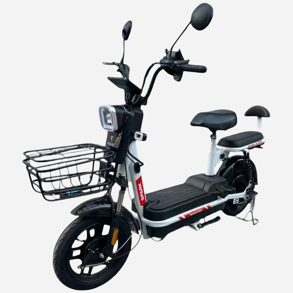 Електровелосипед Spark BLOOM 14" 400W вид спереду-збоку, LED-освітлення та передній кошик