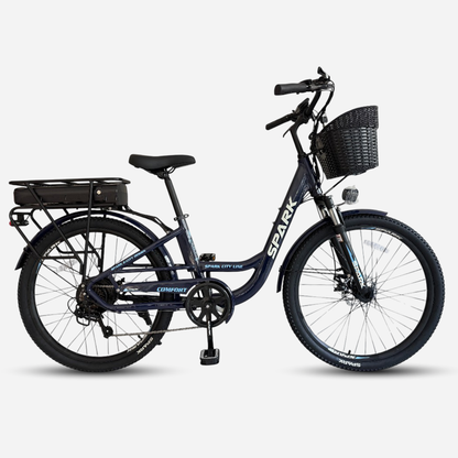 Міський електровелосипед Spark E-CITY COMFORT 26" темно-синій — вид збоку, акумулятор на багажнику, передній кошик