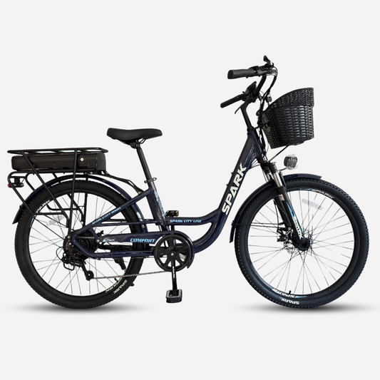 Міський електровелосипед Spark E-CITY COMFORT 26" темно-синій — вид збоку, акумулятор на багажнику, передній кошик