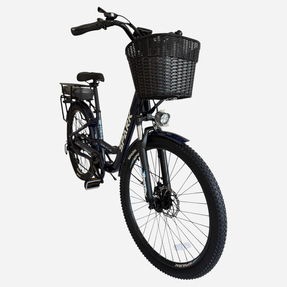 Міський електровелосипед Spark E-CITY COMFORT 26" — вид спереду, плетений кошик, дискове гальмо, амортизаційна вилка