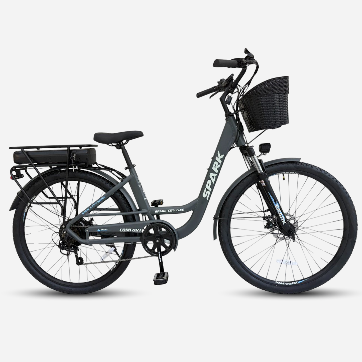 Міський електровелосипед Spark E-CITY COMFORT 28" — вид збоку, занижена рама, дискове гальмо, амортизаційна вилка