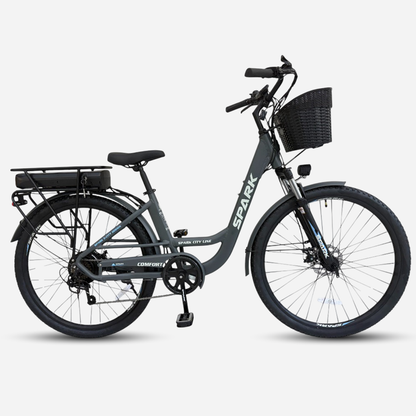 Міський електровелосипед Spark E-CITY COMFORT 28" — вид збоку, занижена рама, дискове гальмо, амортизаційна вилка