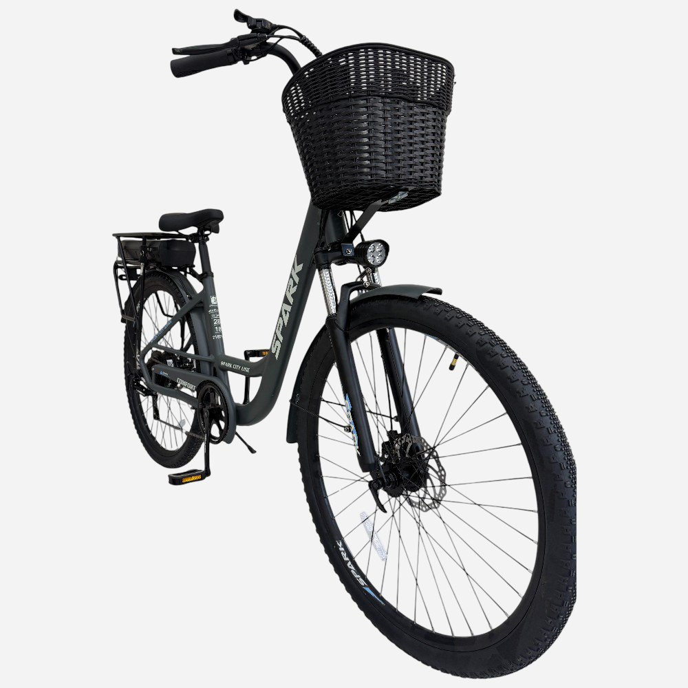 Міський електровелосипед Spark E-CITY COMFORT 28" темно-сірий — вид збоку, акумулятор на багажнику, плетений кошик