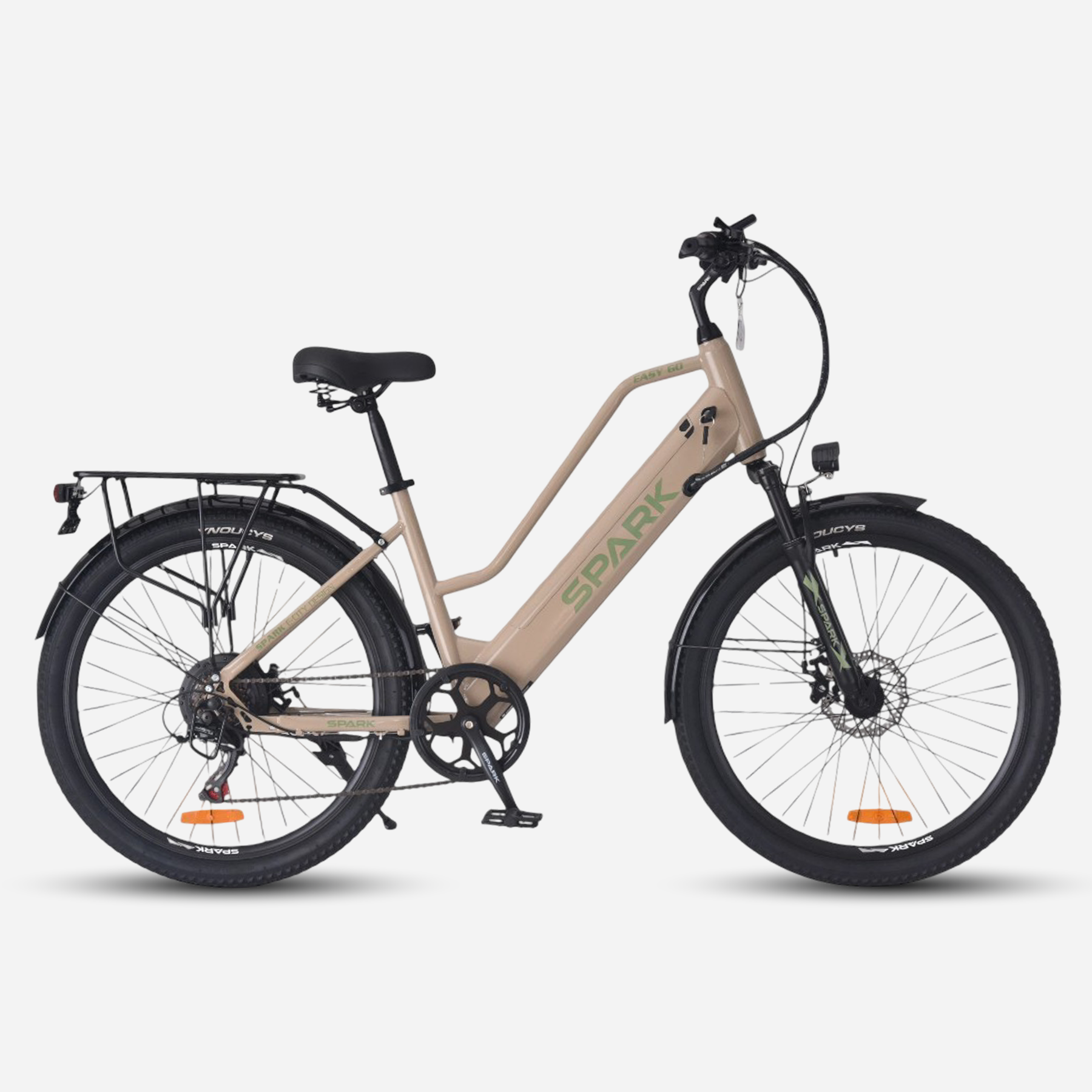 Електровелосипед Spark E-CITY EASY GO 26" сталева рама 17" — вигляд збоку справа, колір бежевий матовий, з багажником та крилами