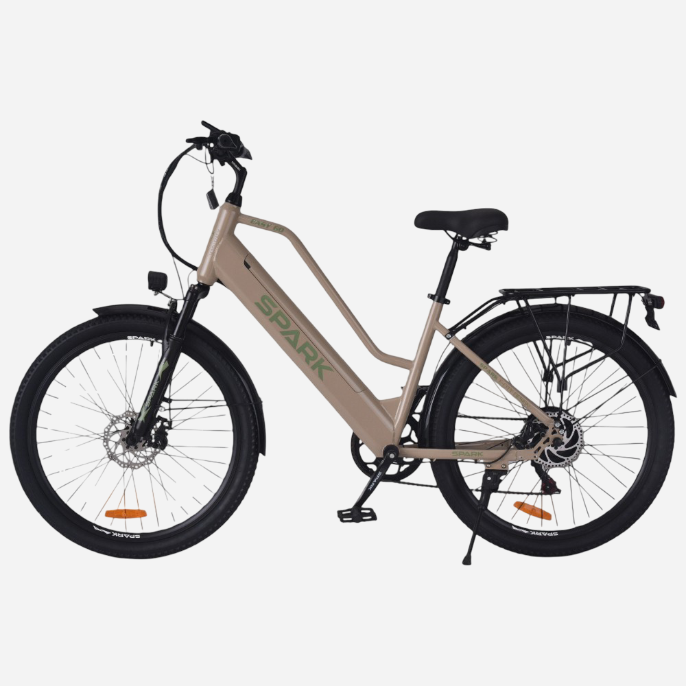 Електровелосипед Spark E-CITY EASY GO 26" — вигляд збоку зліва, низька step-through рама, дискові гальма, підніжка